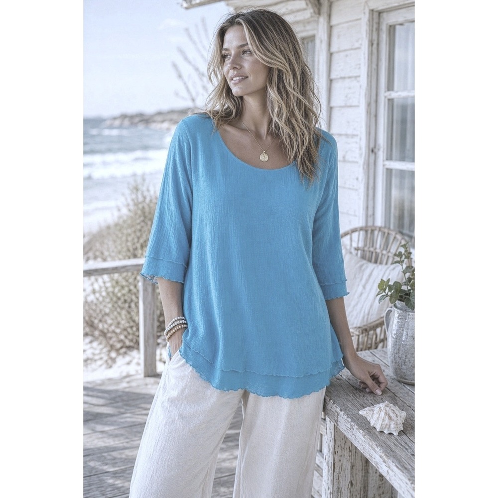 Soft Surroundings top periwinkle blue layered vacation m/l oversized gauze euc